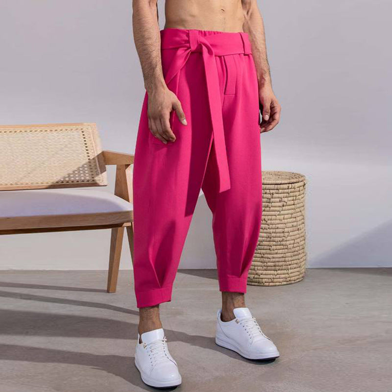 Men's Loose Solid Color Cropped Pants Belt Decoration European And American