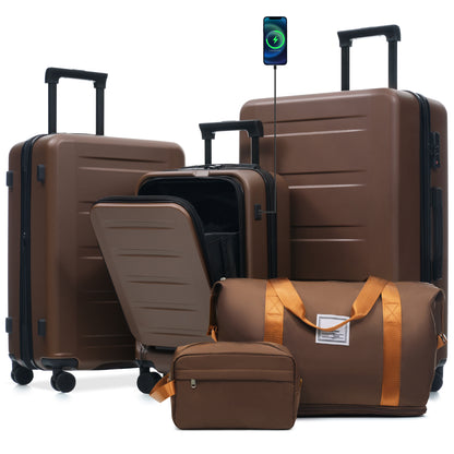 Luggage Sets 5 Piece With Front Opening, Hardside Expandable Carry On Suitcase Set With Double Spinner Wheel, Lightweight Travel Luggage With USB Port,TSA Locks 20-24-28