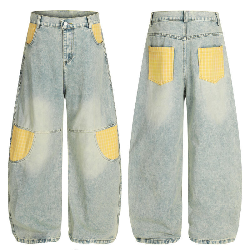 Mens Retro Plaid Patchwork Bootcut Jeans