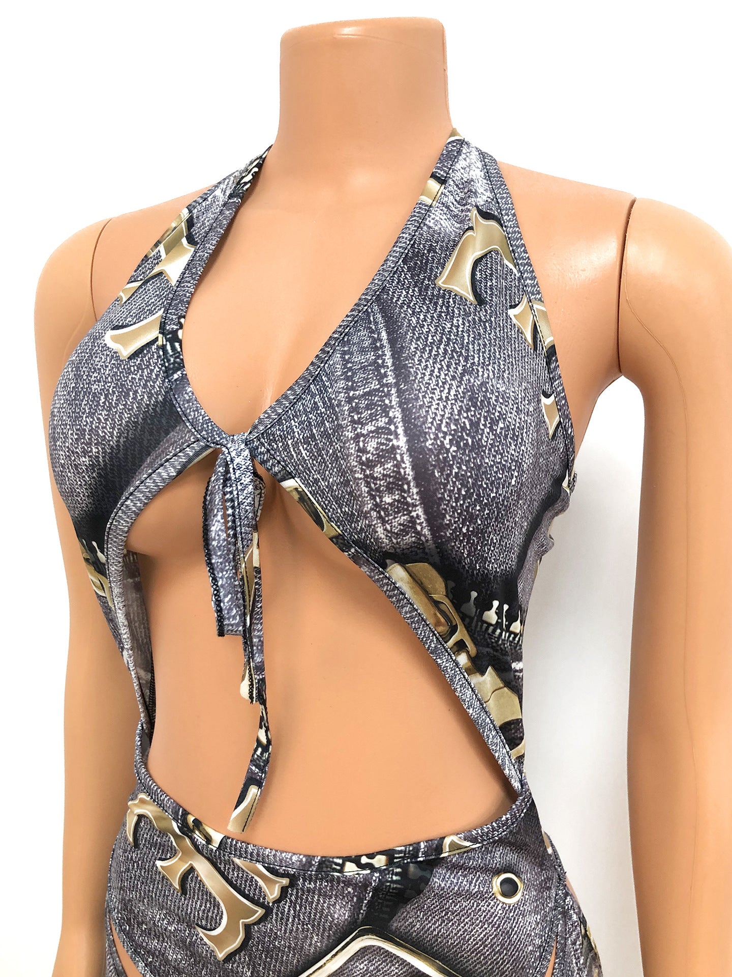 Fashion Sexy Open Back Digital Printing Cutout Skinny Jumpsuit