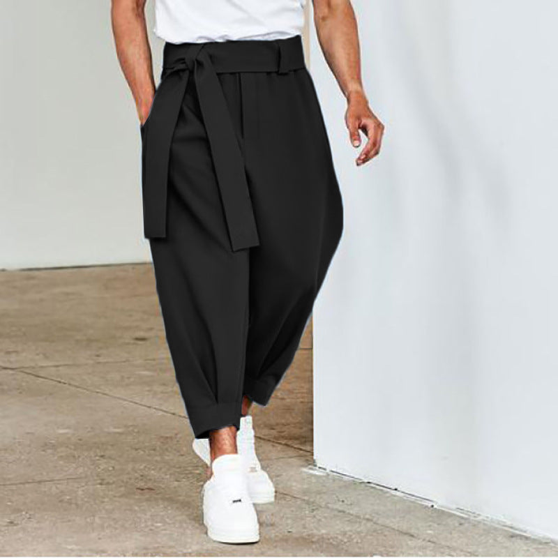 Men's Loose Solid Color Cropped Pants Belt Decoration European And American