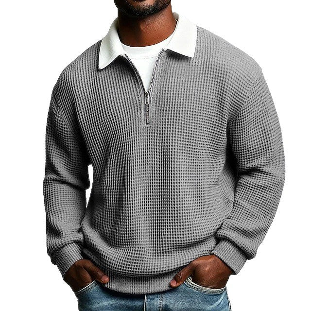 Men's Solid-Color Waffle-Weave Long-Sleeve Lapel Zip-Up Business Polo Shirt Spring Fall Zipper T-shirts Tops For Daily Wear