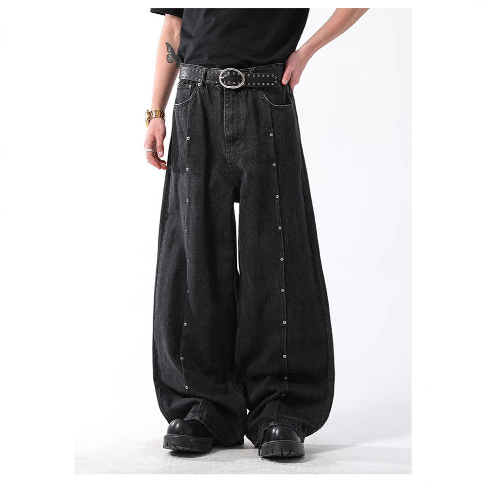 New Mens American-style Vintage Distressed Straight-leg Denim Jeans With Rivets And A Washed Finish