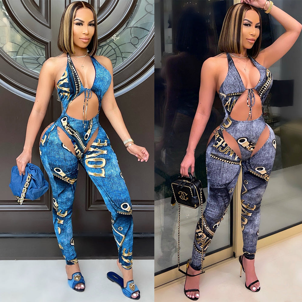Fashion Sexy Open Back Digital Printing Cutout Skinny Jumpsuit