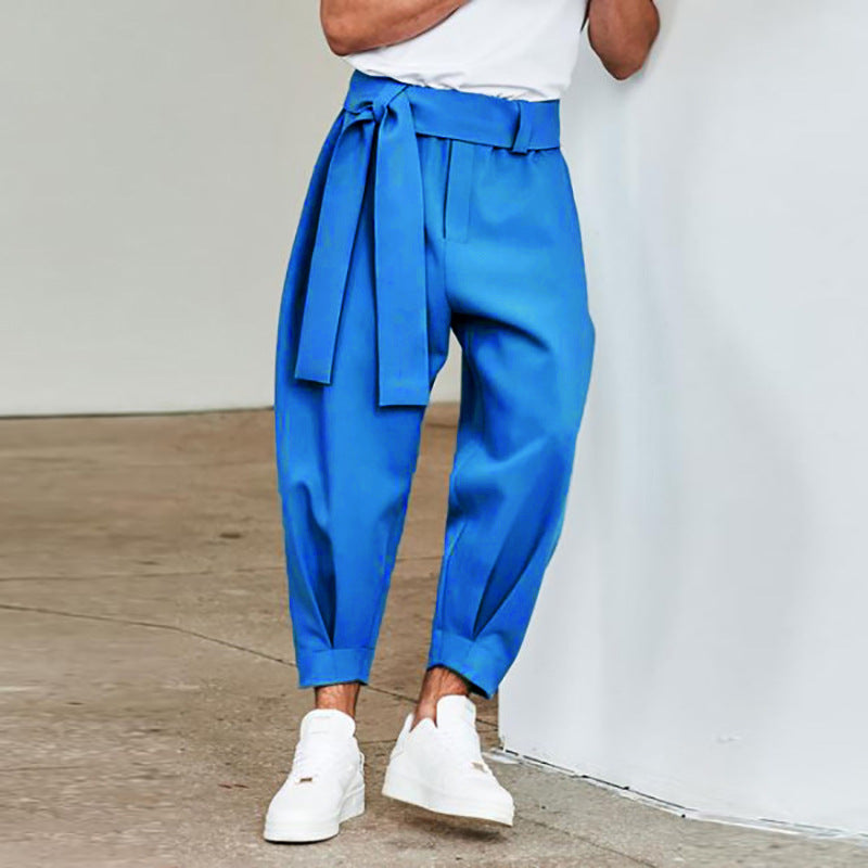 Men's Loose Solid Color Cropped Pants Belt Decoration European And American