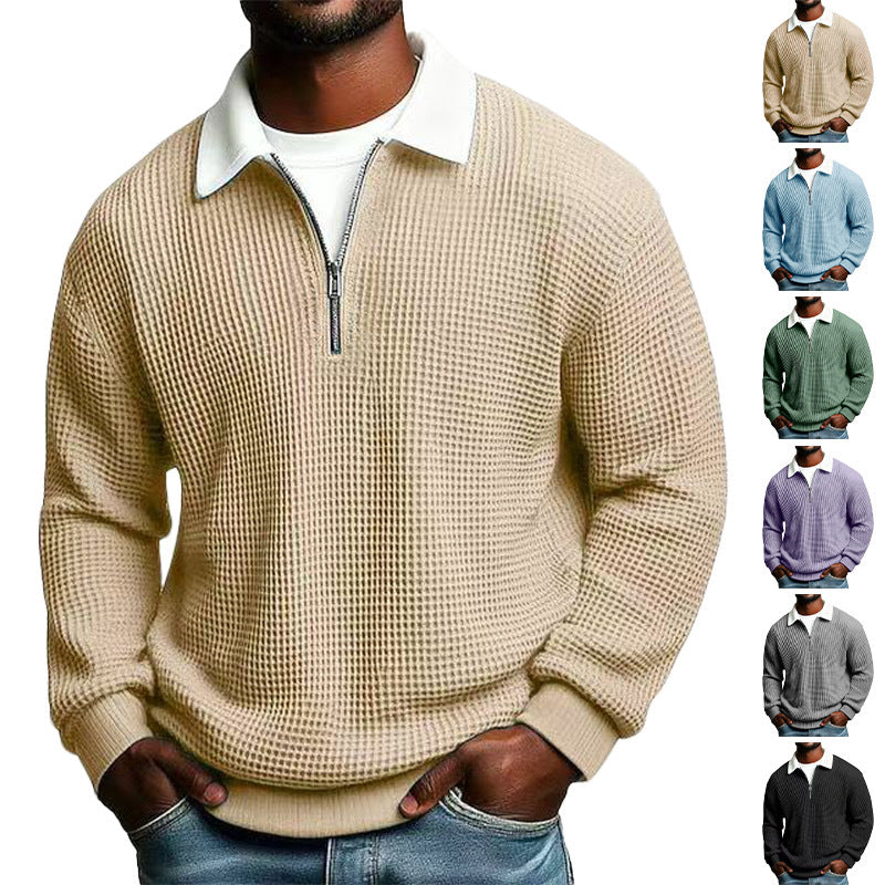 Men's Solid-Color Waffle-Weave Long-Sleeve Lapel Zip-Up Business Polo Shirt Spring Fall Zipper T-shirts Tops For Daily Wear
