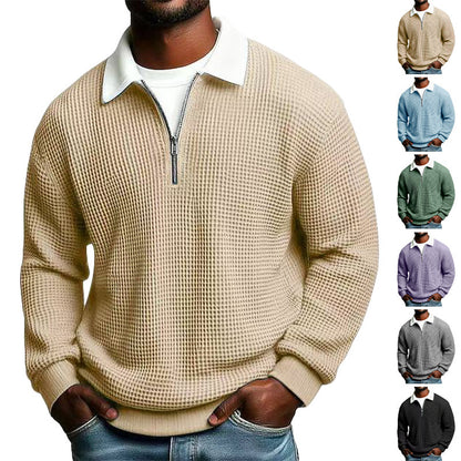Men's Solid-Color Waffle-Weave Long-Sleeve Lapel Zip-Up Business Polo Shirt Spring Fall Zipper T-shirts Tops For Daily Wear