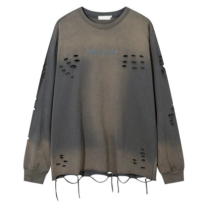 Trendy Relaxed-fit Long-sleeve T-shirt Featuring A Washed Vintage-style Letter Embroidery Design