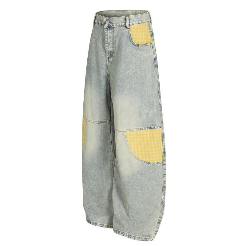 Mens Retro Plaid Patchwork Bootcut Jeans