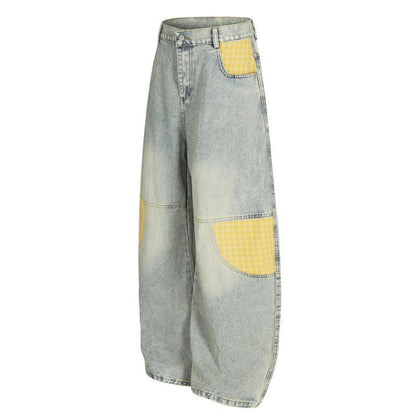 Mens Retro Plaid Patchwork Bootcut Jeans
