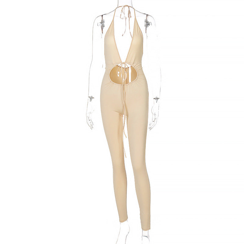 Women's Back V-neck Halterneck Lace-up Slim-fit Jumpsuit
