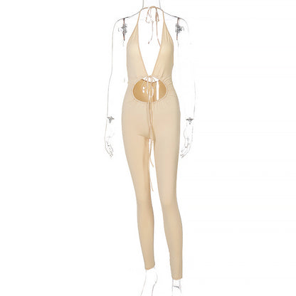 Women's Back V-neck Halterneck Lace-up Slim-fit Jumpsuit