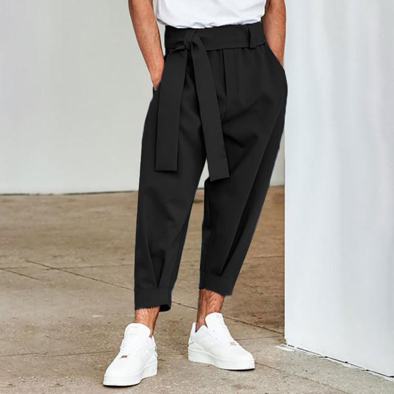 Men's Loose Solid Color Cropped Pants Belt Decoration European And American