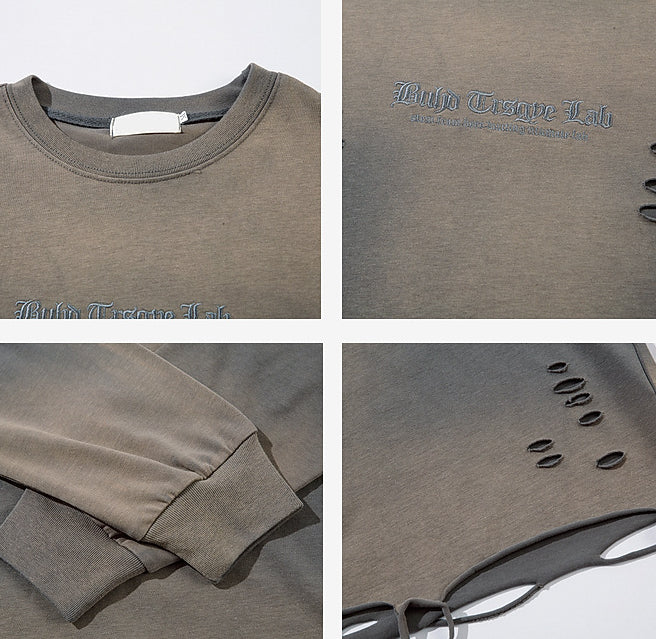 Trendy Relaxed-fit Long-sleeve T-shirt Featuring A Washed Vintage-style Letter Embroidery Design