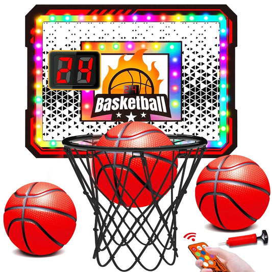 Basketball Hoop Indoor  Light Up Basketball Hoops With 6 Color LED Lighting, Remote Controller, Scoreboard & 3 Balls, Over The Door Basketballs Game Toys Gifts For Kids 5-12 Boys Girls