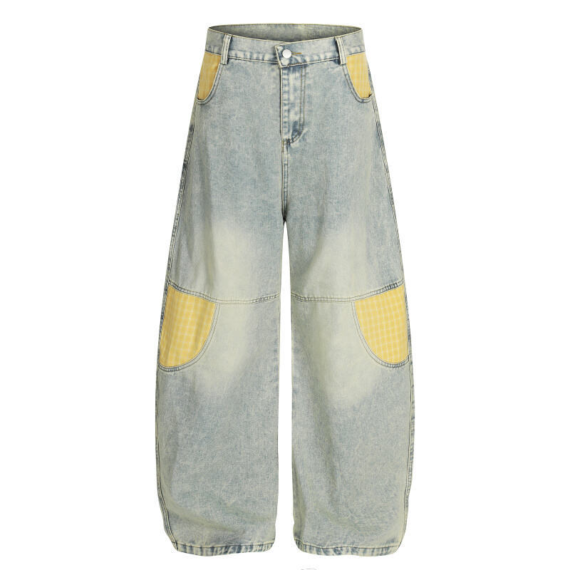 Mens Retro Plaid Patchwork Bootcut Jeans