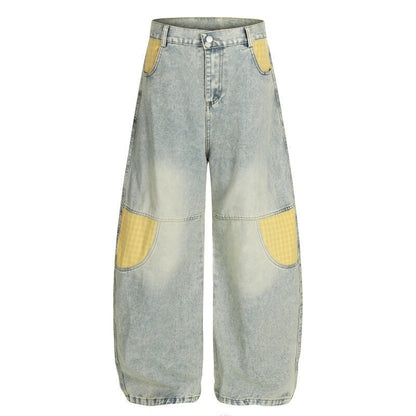 Mens Retro Plaid Patchwork Bootcut Jeans