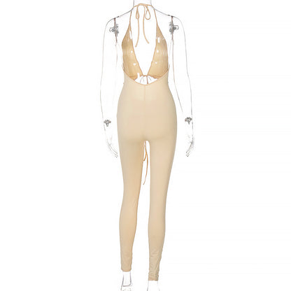 Women's Back V-neck Halterneck Lace-up Slim-fit Jumpsuit