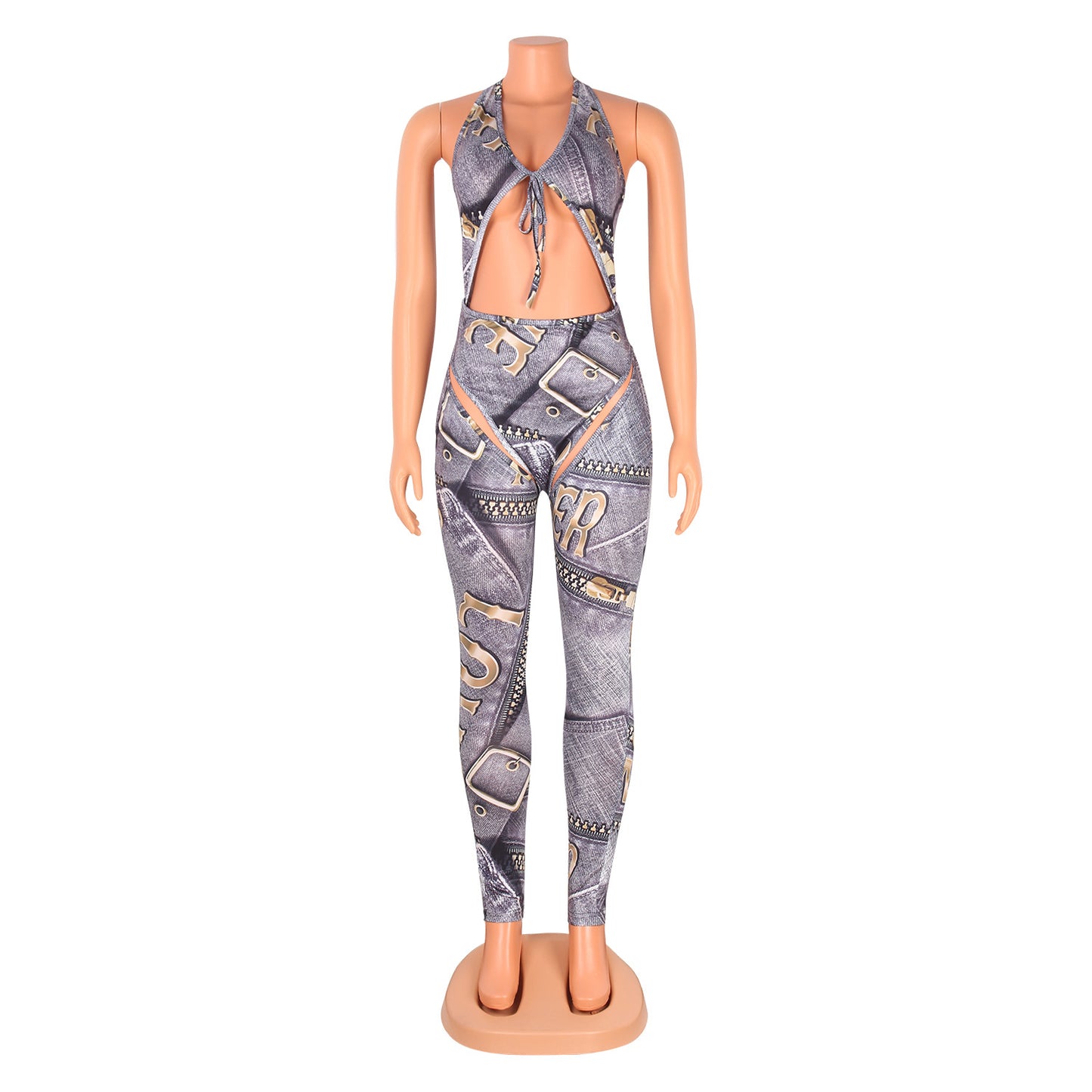 Fashion Sexy Open Back Digital Printing Cutout Skinny Jumpsuit