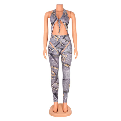 Fashion Sexy Open Back Digital Printing Cutout Skinny Jumpsuit