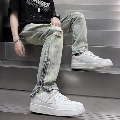 Mens SpringSummer Loose-Fit Denim Jeans With A Side Zipper