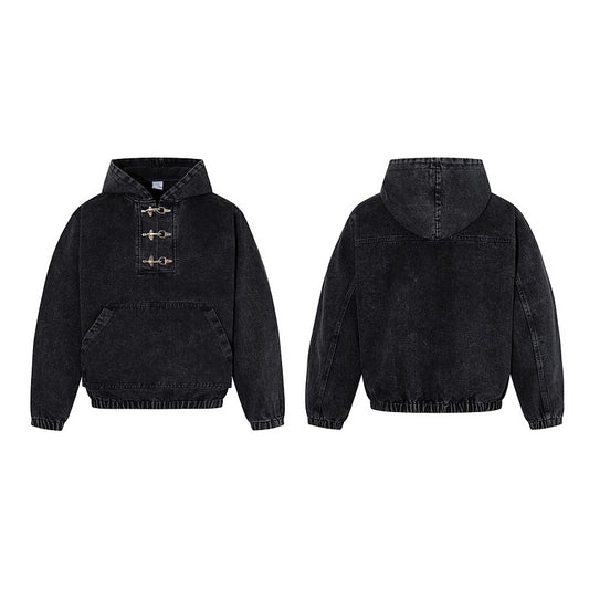 Mens Black Hoodie With Distressed Wash And Lobster-claw Button Detailing