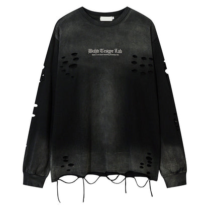 Trendy Relaxed-fit Long-sleeve T-shirt Featuring A Washed Vintage-style Letter Embroidery Design