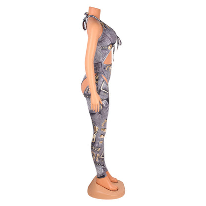 Fashion Sexy Open Back Digital Printing Cutout Skinny Jumpsuit