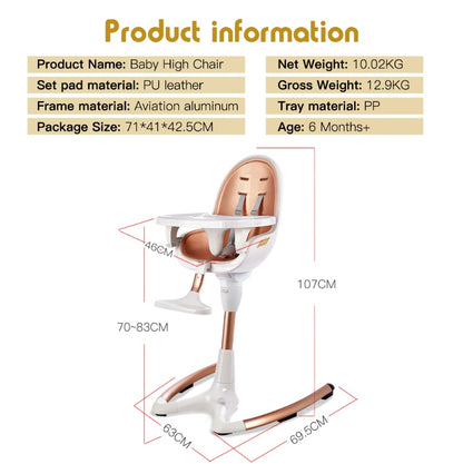 Luxury Baby Dining Chair With Adjustable Seat Height & Removable Tray, High-end Baby High Chair, White Gold