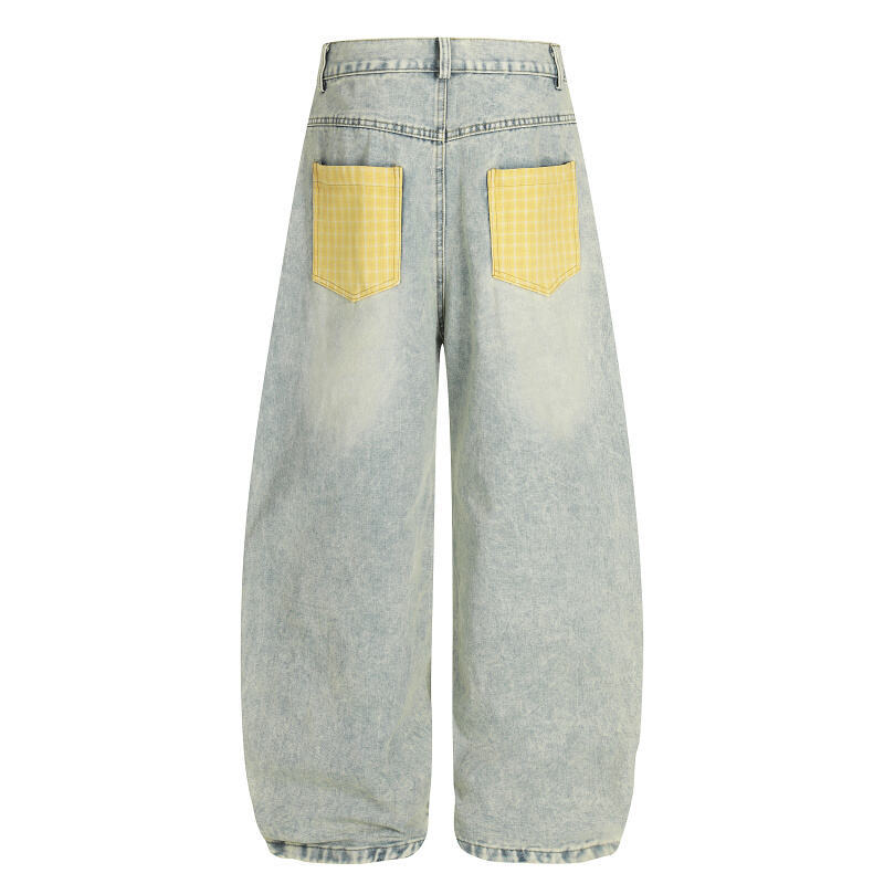 Mens Retro Plaid Patchwork Bootcut Jeans