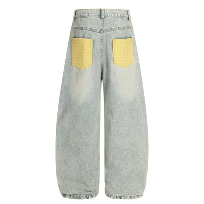 Mens Retro Plaid Patchwork Bootcut Jeans