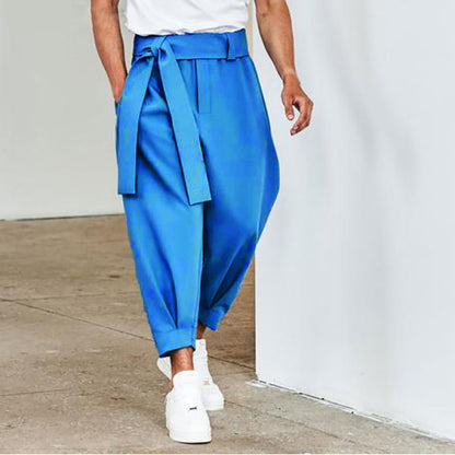 Men's Loose Solid Color Cropped Pants Belt Decoration European And American