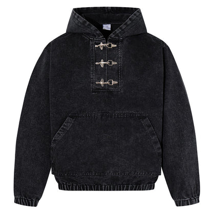 Mens Black Hoodie With Distressed Wash And Lobster-claw Button Detailing