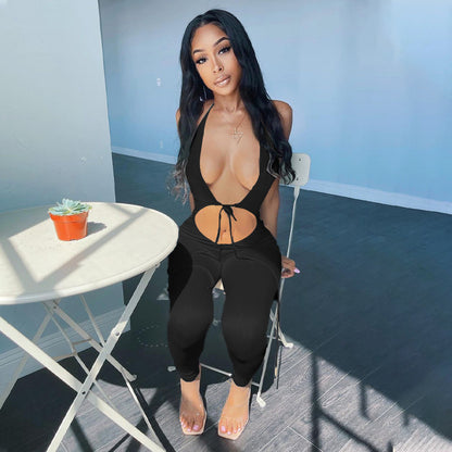 Women's Back V-neck Halterneck Lace-up Slim-fit Jumpsuit