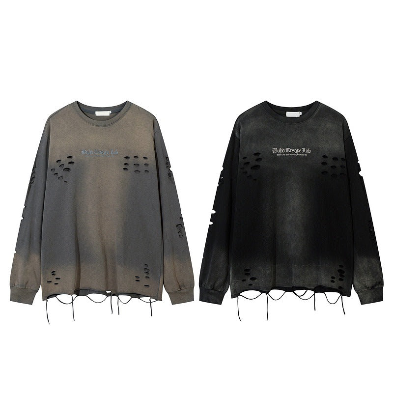 Trendy Relaxed-fit Long-sleeve T-shirt Featuring A Washed Vintage-style Letter Embroidery Design