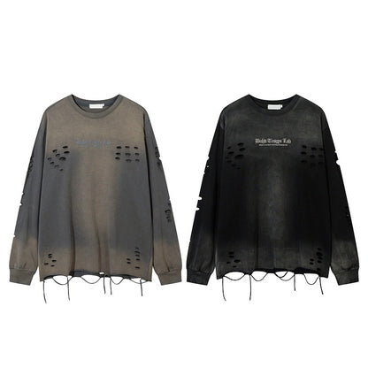 Trendy Relaxed-fit Long-sleeve T-shirt Featuring A Washed Vintage-style Letter Embroidery Design