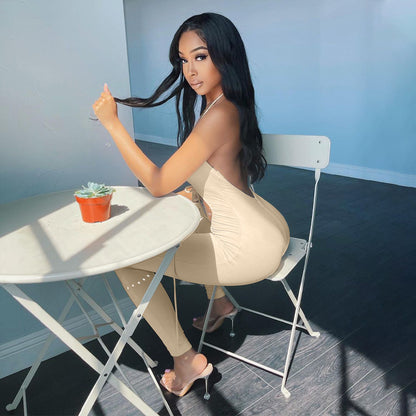 Women's Back V-neck Halterneck Lace-up Slim-fit Jumpsuit