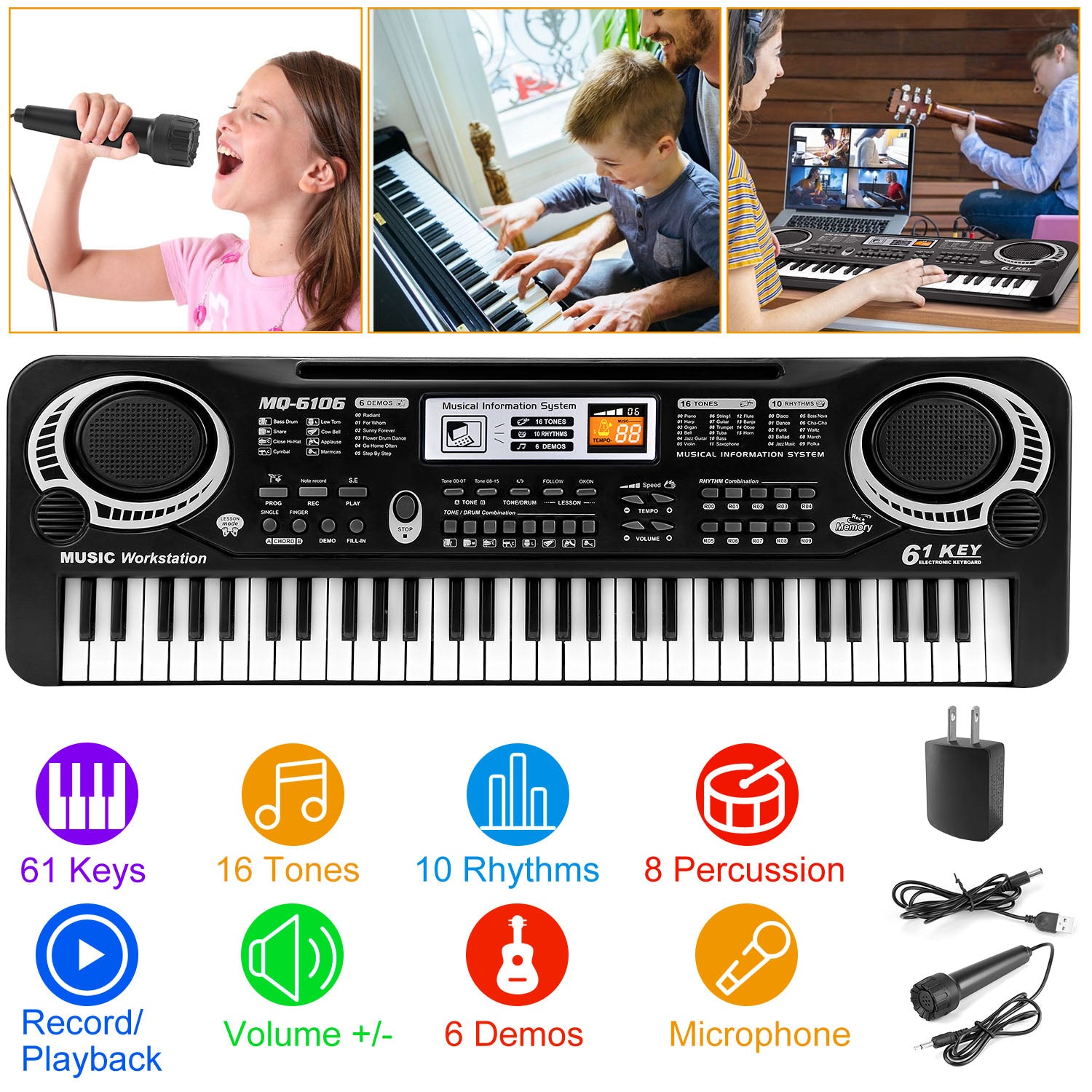 61 Keys Digital Learning Keyboard With Microphone For Beginners Kids G ...