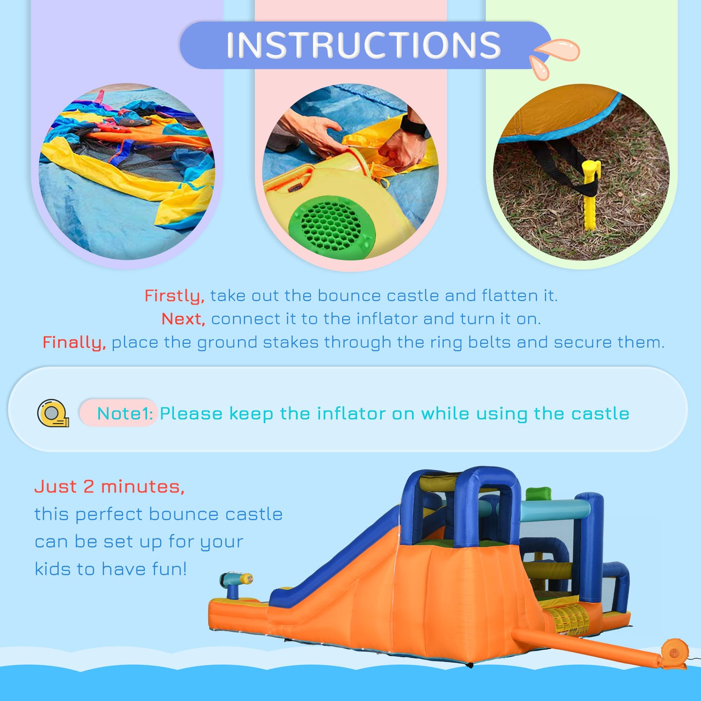 7 in 1 Water Slide w/ Slide Pool Climbing Wall Water Cannon Basketball Hoop Boxing Post Football Stand for 3-8 Years